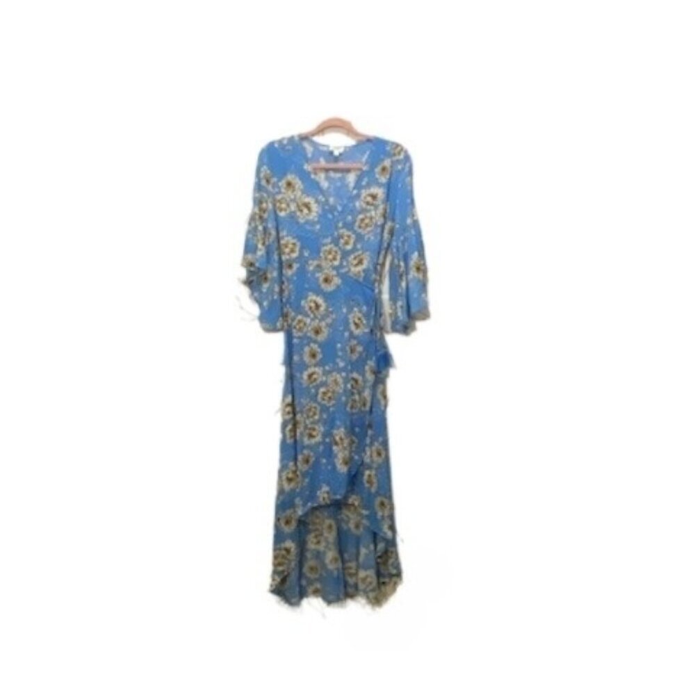 UMGEE Gorgeous Womens Blue Floral Flare Sleeve Hi Low Wrap Dress Sz S Boho Flowy